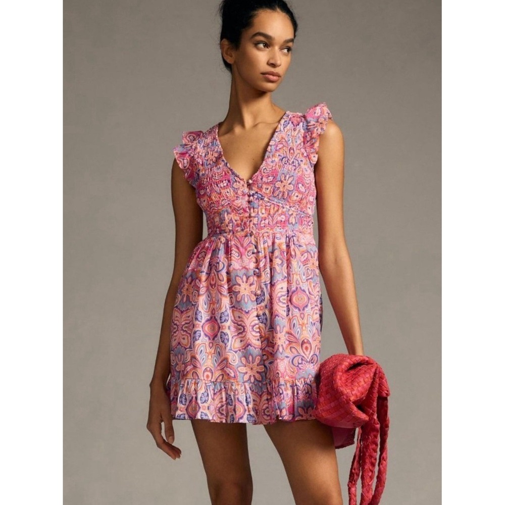 Anthropologie Peregrine Mini Dress Medium Petite Pink Blue Floral Paisley Ruffle